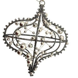 Gray Wire Ornament Silver Beaded Glitter Heart 6 inch